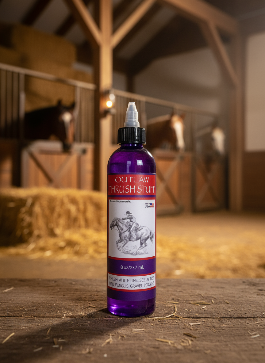 Bottle of Outlaw thrush stuff on a wooden surface with a horse stable in the background